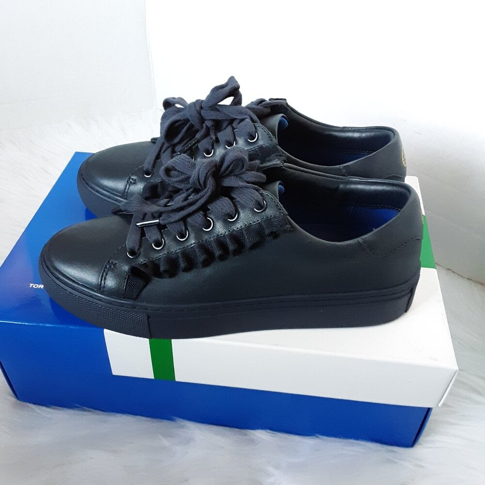 Tory Burch Sport Navy Ruffle Sneakers Round Toe Leather Shoes size 5M